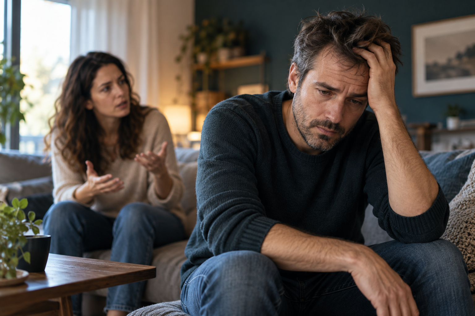 Homem com expressão de cansaço durante uma conversa tensa com uma mulher